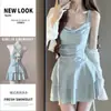 Traje de baño para mujer 2025 Nuevo estilo Ligeramente con sobrepeso Tie-Dye Azul Sexy Pecho Pequeño Cuello Halter Estilo Falda Cubre Vientre Aspecto Adelgazante Traje de baño de una sola pieza