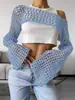2024 Nuevo Suéter de Ganchillo Transfronterizo Europeo y Americano para Mujer Casual Ultra Corto de Moda Manga de Trompeta Malla Sexy Blusa
