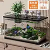 Aquário pequeno de mesa com tampa superior hidropônica e tanque integrado na base para casa e escritório, aquário ecológico criativo para plantas aquáticas e peixes dourados