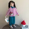 Conjunto de Ropa para Niñas Primavera y Otoño Nueva Moda Dulce Dibujos Animados Sudadera con Cuello POLO y Pantalones Jogger Conjunto Casual Deportivo de Dos Piezas