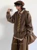 Suéter Cardigan de Malha com Listras Maillard Neutras de Fábrica para Primavera e Inverno para Meninos e Meninas Estilo Preppy Retrô Gola V Tendência