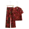 Traje de verão com temperamento para mãe, meia-idade e idosos, camisa de mangas largas, calça de perna larga, conjunto solto de duas peças emagrecedor