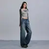 Jeans de pierna ancha para mujer transfronterizos, estilo americano, doble capa de imitación, lavados con efecto bigotes de gato, azul vintage profundo, extralargos
