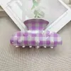 Pinza para el pelo a cuadros florales azul y blanco de acetato de imitación estilo coreano, dulce y fresca con un toque de alta gama, accesorio para el pelo con incrustaciones de pedrería, pinza de tiburón