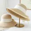 Chapéu de Palha Estilo Japonês Simples Elegante com Tira Tecida de Aba Larga Proteção Solar para Mulheres Verão Casual Versátil Chapéu Balde Proteção Solar Chapéu de Pescador para Férias Viagem