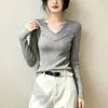 Elegante suéter fino de punto con cuello en V, de manga larga, ropa de mujer para principios de otoño, nuevo en 2026, ajuste ceñido, top fino de punto adelgazante