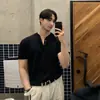 Asclo&Qiao Verano Delgado Punto de Manga Corta para Hombre Color Sólido Cuello Henley Estilo Coreano Camiseta de Seda de Hielo de Alta Gama