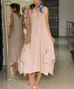 FC548 em estoque 2022 Amazon verão moda feminina Europeia e Americana Gola V cor sólida plus size irregular algodão e linho vestido