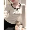 Camiseta de Manga Larga Estampada con Adorno de Encaje Dulce Estilo Japonés Diseño Otoño e Invierno 2025 Top Base Ajustado Corto
