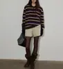 Suéter de Punto Rayado con Cuello Polo Bloque de Color Lofi para Mujer, Nuevo Estilo de Invierno con un Toque de Lujo y Top Versátil