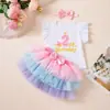 Conjunto de Primer Cumpleaños para Niña: Camiseta con Mangas Acampanadas, Falda de Malla Arcoíris, Accesorio para el Cabello, Vestido de Fiesta de 3 Piezas para Fotos