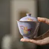 Gaiwan de Color Bloqueado Púrpura Hibisco y Rojo Bermellón de las Dinastías Tang y Song, Tazón de Té Cerámico de Calabaza Pintado a Mano con Oro Tradicional, Tazón de Té Incrustado en Oro y Plata