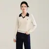 Suéter de tricô com padrão de abacaxi tridimensional de 16 pontos, com gola dobrável relaxada, casual e de cor contrastante para mulheres, estilo de início de outono