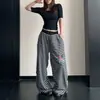 Pantalones casuales rectos a rayas de pierna ancha estilo retro americano para hombres y mujeres, cintura elástica, corte holgado, cordón, pantalones largos deportivos, modernos