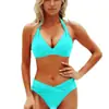 Nuevo traje de baño de dos piezas para mujer de Amazon, estilo europeo y americano, con diseño de cuello halter en bloques de color, corte de cintura alta y un conjunto de bikini sexy.