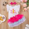 Novo Conjunto de Verão para Bebês Meninas, Roupa de Aniversário e Primeiro Aniversário, Macacão com Manga Flare, Saia Bufante de Seis Camadas, Faixa de Cabelo, Conjunto de Três Peças, Estilo Europeu e Americano