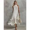 Comércio exterior transfronteiriço europeu e americano vintage elegante casual moda cor sólida gola halter sem mangas babado midi vestido de praia