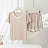 Estilo Nuevo de Verano Conjunto de Ropa para el Hogar para Mujer Holgado Transpirable con Ribete de Encaje Conjunto de Dos Piezas: Top de Pijama con Cuello en V de Modal y Pantalones