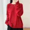 Suéter de tricô 100% lã com bordado pesado para mulheres, outono e inverno, caimento solto, espessado, gola redonda, suéter de cashmere, blusa de base