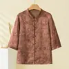 Camisa Fina de Verão para Mãe 2026 Novo Estilo Camisa Soltinha com Gola Alta e Manga Três Quartos para Avós Roupas Estilosas para Mulheres Idosas