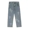Tendencia Nacional Calle Principal Jeans con Parches Cruzados para Hombre Modernos Hip-Hop Atractivos Calle Rectos Sueltos Pierna Ancha Pantalones Largos
