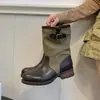Elegantes botas de media pantorrilla con bloques de color retro para mujer, nuevo modelo otoño e invierno 2026, tacón grueso, hebilla de cinturón, botas de vaquero occidentales, botas de montar
