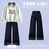 Conjunto de top com lapela xadrez retrô e blocos de cor para meninas, estilo preppy, e jeans casual versátil para primavera e outono