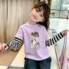 Top Básico Dulce y Lindo Cuello Redondo Nuevo Estilo Primavera y Otoño Falso Dos Piezas Patchwork Rayado Algodón Puro Manga Larga para Niñas