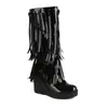Botas Ligeras de Cuña con Borlas para Mujer Talla 35-44, Botas de Tacón Ultra Alto hasta la Mitad de la Pantorrilla para Mujer Otoño e Invierno, Transfronterizas Talla Grande Punta Redonda Charol