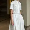Conjunto de Camisa de Renda com Contas de Manga Curta Dongdaemun + Saia Elástica com Patchwork de Renda Pequena com Bolsos Laterais