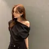 Atualização de Tamanho: Blusa de Verão Chique com Design Francês, Ombro a Ombro que Revela a Clavícula, Top Elegante e Emagrecedor para Mulheres