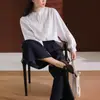 Elegante Camisa de Algodón Plisado con Cuello Alto de Encaje Blanco y Negro, Manga Larga para Mujer, Nuevo Estilo Otoño