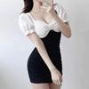 Vestido de verano para mujer, ajustado, con escote en V, corte bajo, elegante, con costuras en contraste de color, plisado, ajustado, corto hasta la cadera.