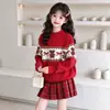 Conjunto de Suéter para Niña Otoño Invierno Rojo Oso Navideño Tejido Jacquard Lindo Moño Año Nuevo Elegante Conjunto de Dos Piezas