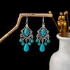 Pendientes Retro Étnicos Europeos y Americanos de Turquesa Azul con Diseño de Anillo Hueco, Colgantes de Borla Floral de Gama Alta, Pendientes Exagerados de Gota de Agua