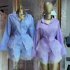 Ropa de mujer transfronteriza europea y americana 2026 otoño nuevo conjunto casual de camisa a rayas con encaje empalmado y pantalones cortos de pierna ancha de cintura alta