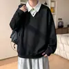Gola de camisa listrada estilo americano, moletom falso de duas peças, nova coleção de outono masculina, top estilo preppy, peça externa versátil de manga longa com caimento solto