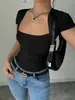 Roupas Femininas Europeias e Americanas Transfronteiriças Verão 2025 Moda Estilo Europeu e Americano Camiseta Casual Slim Fit Gola Quadrada Top de Tricô Sexy Camiseta
