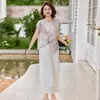 Moda Verão para Mães Blusa de Cetim de Seda que Cobre a Barriga Conjunto de Duas Peças Conjunto de Camiseta de Alto Padrão com Sensação de Gelo para Mulheres de 50 Anos
