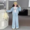 Conjunto de Dos Piezas para Niñas de Primavera y Otoño, Nuevo Estilo Coreano, Tendencia de Moda, Sudadera con Capucha y Chaqueta Sencilla y Única, y Pantalones Casuales de Pierna Ancha