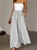 Calça de Verão Lisa de Cintura Alta Wide Leg para Mulheres 2026, com Cintura Elástica Plissada e Cordão, Afinando e com Caimento Fluido, Roupas Femininas de Comércio Exterior