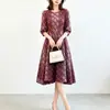 Elegante vestido de alta gama que ciñe la cintura, estilo nuevo con cuello redondo, mangas tres cuartos, estampado de diamantes, cintura alta, falda línea A adelgazante, vestido de longitud media Issey Miyake