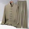 Novo Traje Tang Estilo Chinês para Homens, Meia-Idade e Idosos, Roupa de Pai, Conjunto de Duas Peças de Seda Gelada de Manga Longa para Primavera e Verão, Hanfu Fino