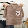 Nova Camiseta Base de Veludo Grossa Outono e Inverno para Crianças, Camiseta Térmica Meia-Gola, Moletom para Meninos e Meninas, Top Listrado
