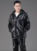 Chaqueta de cuero para el trabajo diario, pantalones de cuero, ropa de trabajo de otoño e invierno, capucha desmontable, a prueba de aceite, a prueba de viento, adecuada para el trabajo, conducir, andar en bicicleta, chaqueta cálida para exteriores