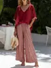 Nuevo Traje de Pantalón de Pierna Ancha a Rayas con Cuello en V Estilo Europeo/Americano para Mujer Conjunto de Dos Piezas Transfronterizo Verano Tacto de Alta Gama Lino de Imitación
