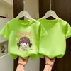 Camiseta de Algodão Puro Manga Curta para Meninas 2026 Novo Estilo Estampada Gola Redonda Top Respirável Amigo da Pele Versátil Manga Meia para Crianças