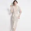 Comercio Exterior Mujer Tiro Real en stock Nuevo Estilo Encaje Pesado Elegante Suave Manga Corta Solapas Ajustado Vestido Tubo Recto para Mujer