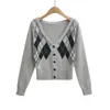 8027-26 Estilo Nuevo de Principios de Primavera de Punto de Manga Larga con Patrón de Diamantes de un Solo Botón Estilo Retro Americano Casual Cuello en V