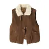 Directo del fabricante: Chaqueta chaleco acolchada de gamuza con cuello de lana de cordero estilo coreano para mujer, cálido chaleco biker de otoño e invierno